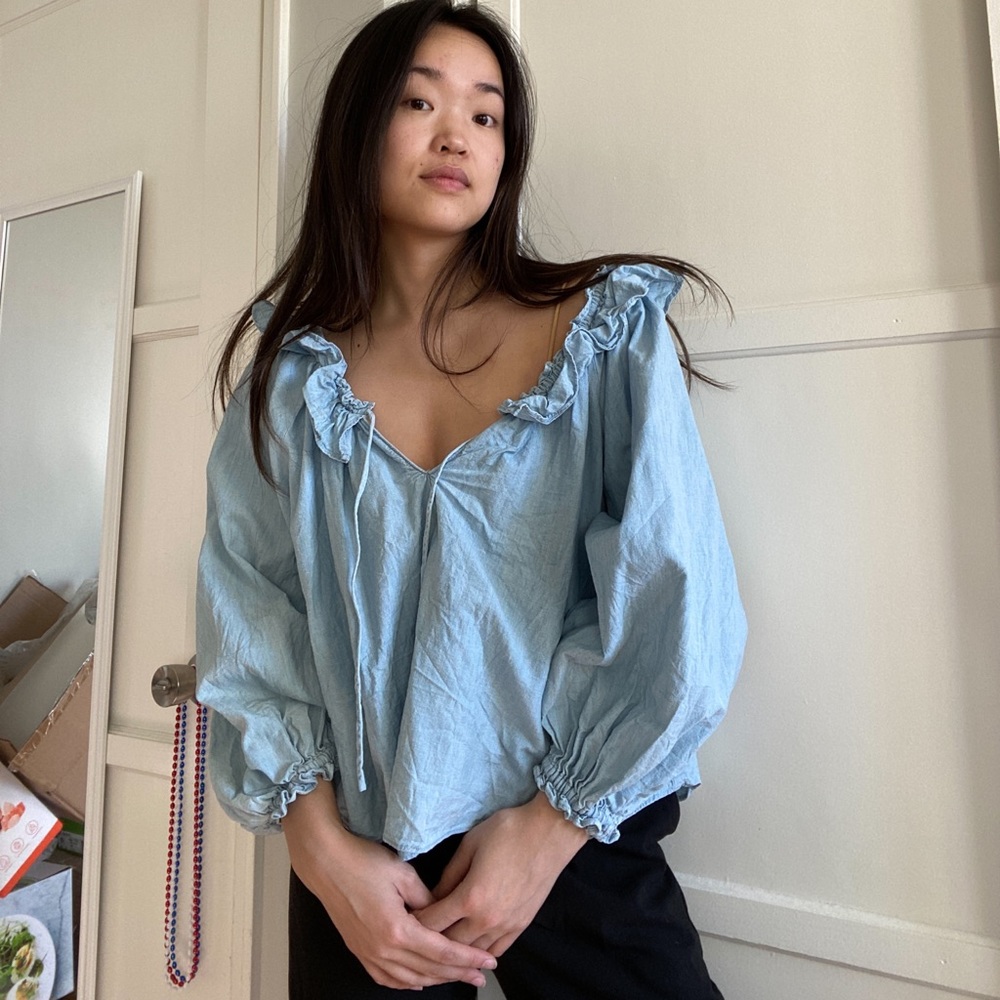 Free People Ruffle Chambray Peasant Top